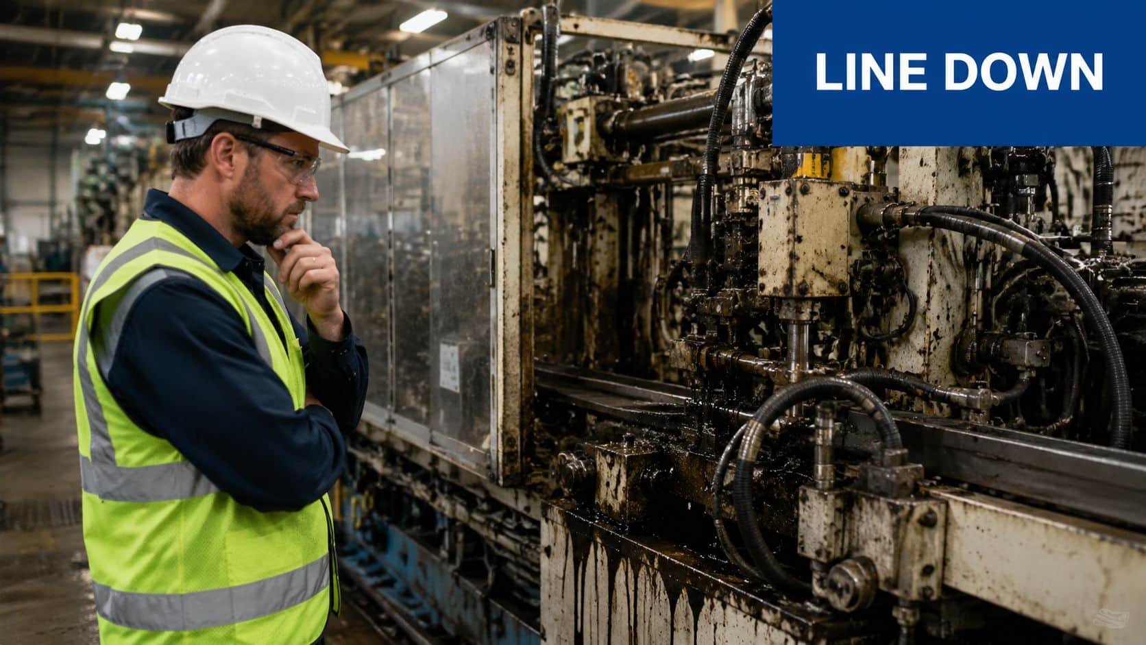 A factory worker in a safety vest and helmet inspects heavy machinery during a line down event.