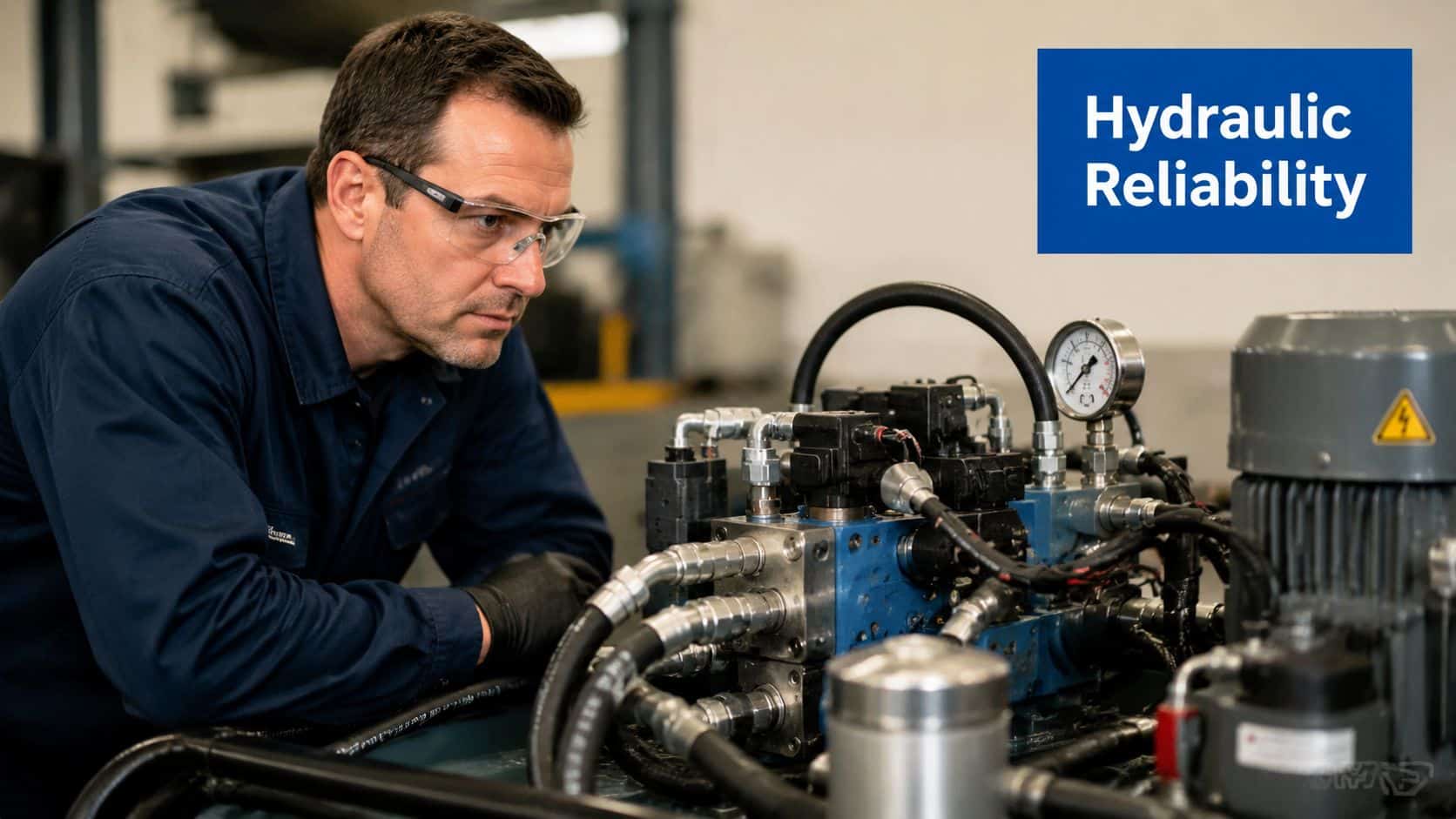 A professional technician wearing safety glasses inspecting complex hydraulic machinery in a manufacturing or industrial workshop environment.