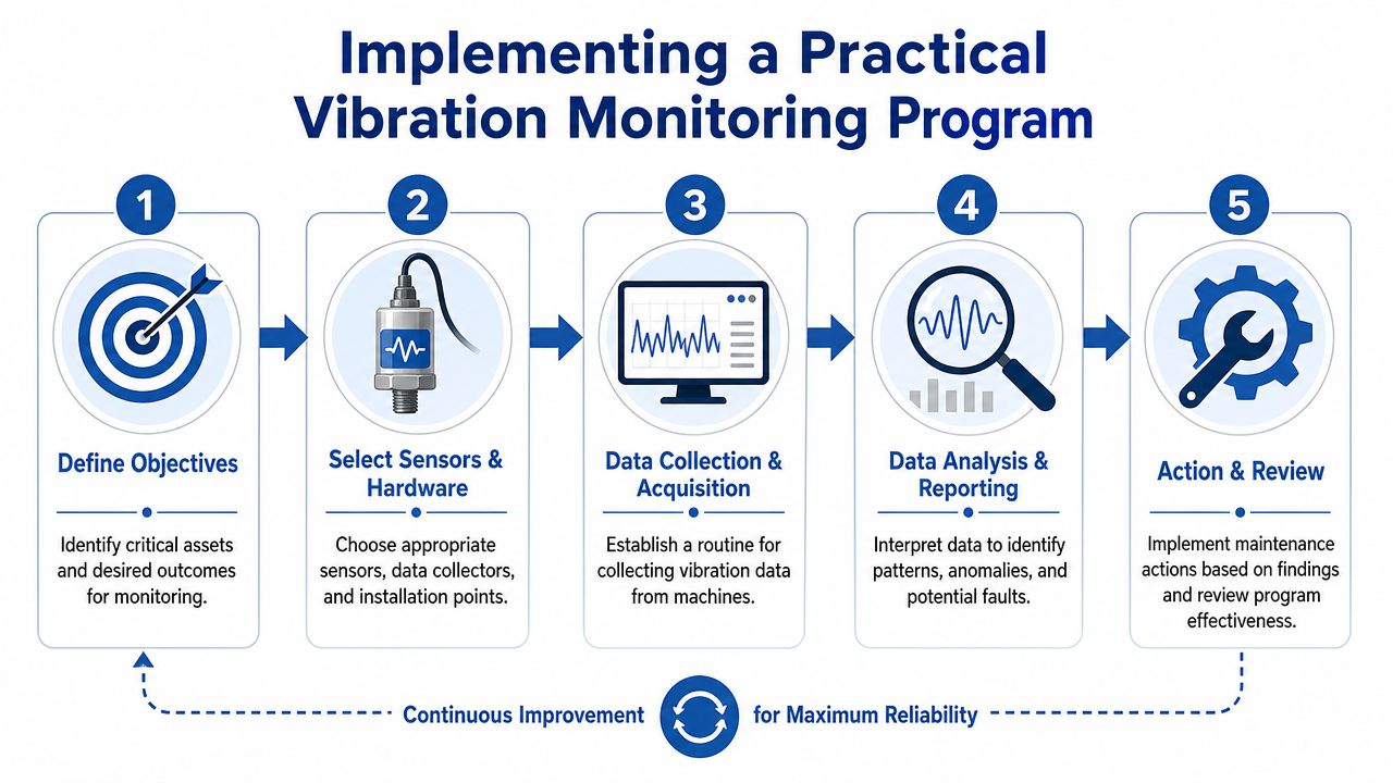 A five-step flowchart illustrating the process of implementing a practical vibration monitoring program for industrial machine maintenance.
