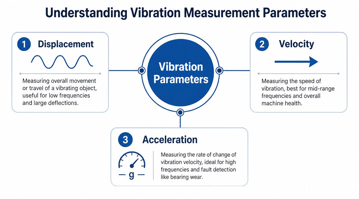A diagram explaining three key vibration measurement parameters: displacement, velocity, and acceleration for machinery diagnostics.