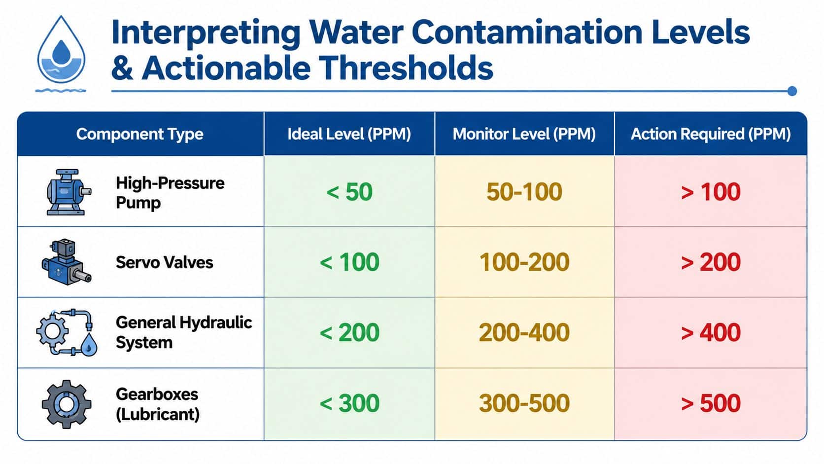 A table outlining recommended water contamination levels and maintenance actions for various industrial hydraulic and mechanical components.