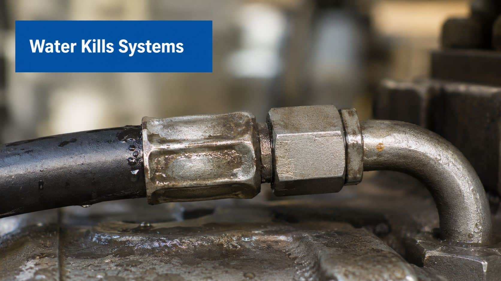 A close-up view of a metal hose fitting dripping with water, illustrating potential industrial water contamination.