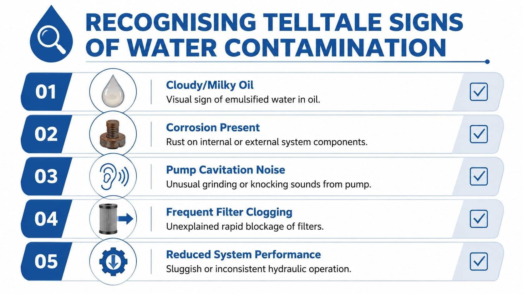 An infographic titled Recognising Telltale Signs of Water Contamination listing five industrial maintenance warning signs.