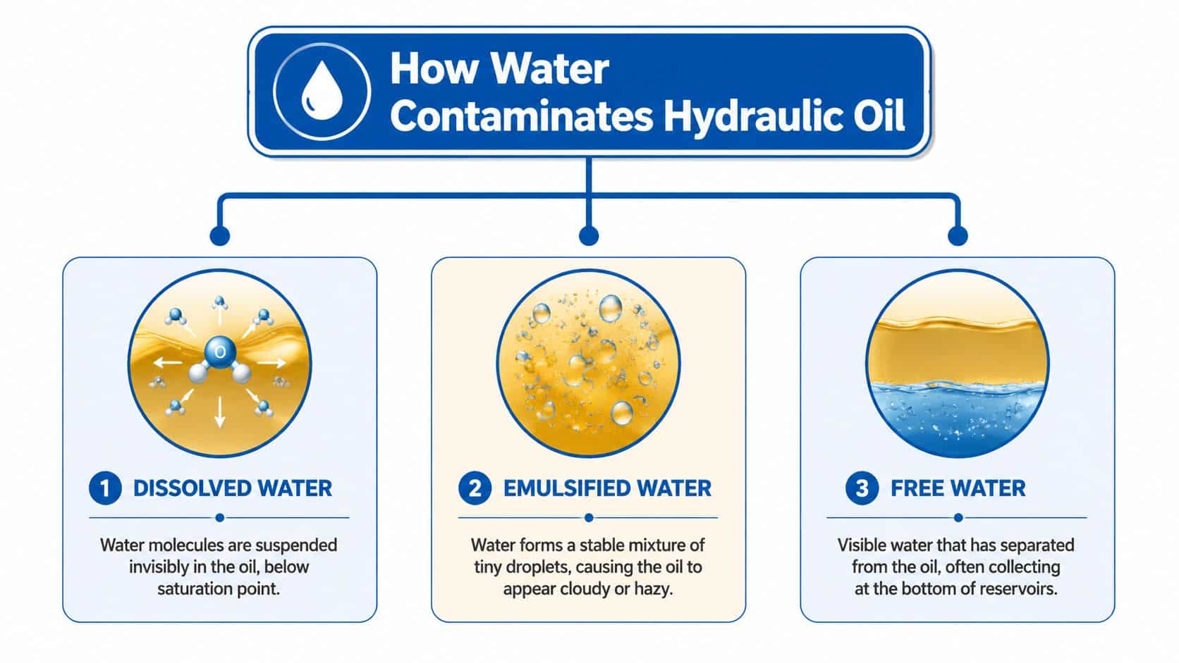A diagram illustrating three states of water contamination in hydraulic oil: dissolved, emulsified, and free water.