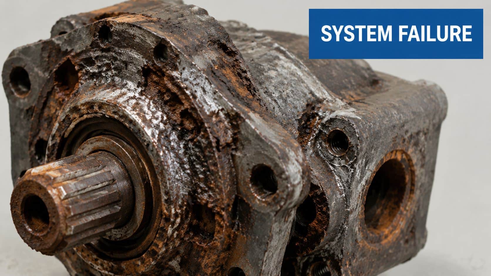 A severely corroded and damaged hydraulic pump showing signs of heavy rust and mechanical system failure.