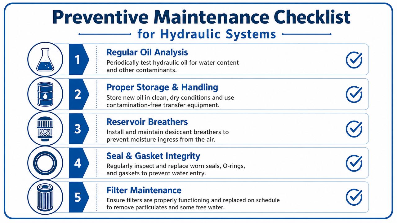 A five-step preventive maintenance checklist infographic for hydraulic systems to prevent moisture and oil contamination.