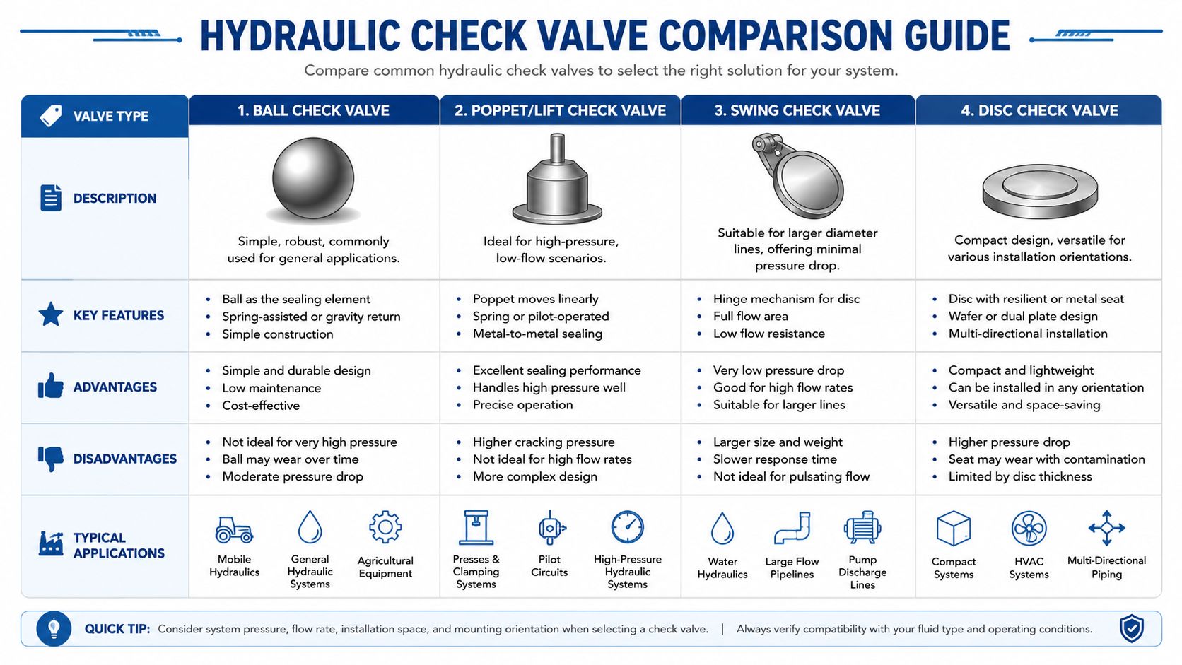 A comparison chart outlining four common types of hydraulic check valves, including their features, advantages, and applications.