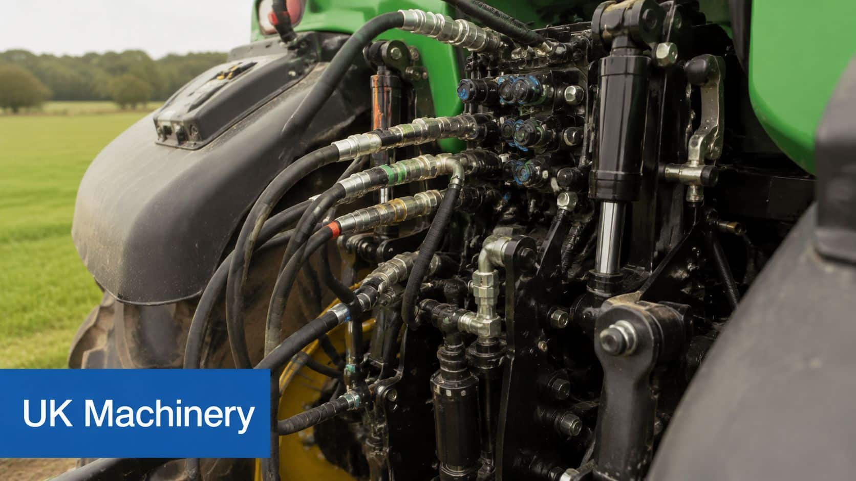 Close-up of the complex hydraulic hose connections on the rear of a modern green agricultural tractor.