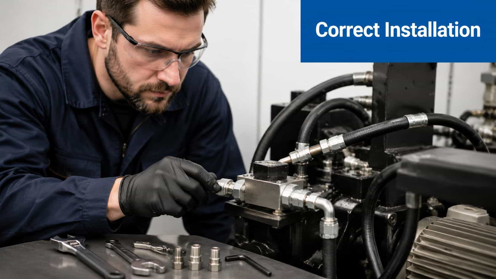 A professional technician wearing safety glasses and black gloves inspecting a hydraulic component on industrial machinery.
