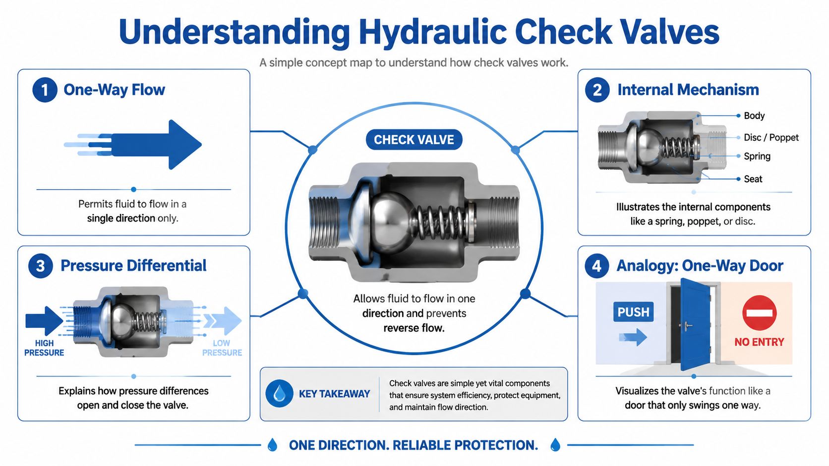 A diagram illustrating how a hydraulic check valve works using flow direction, internal components, and pressure differences.