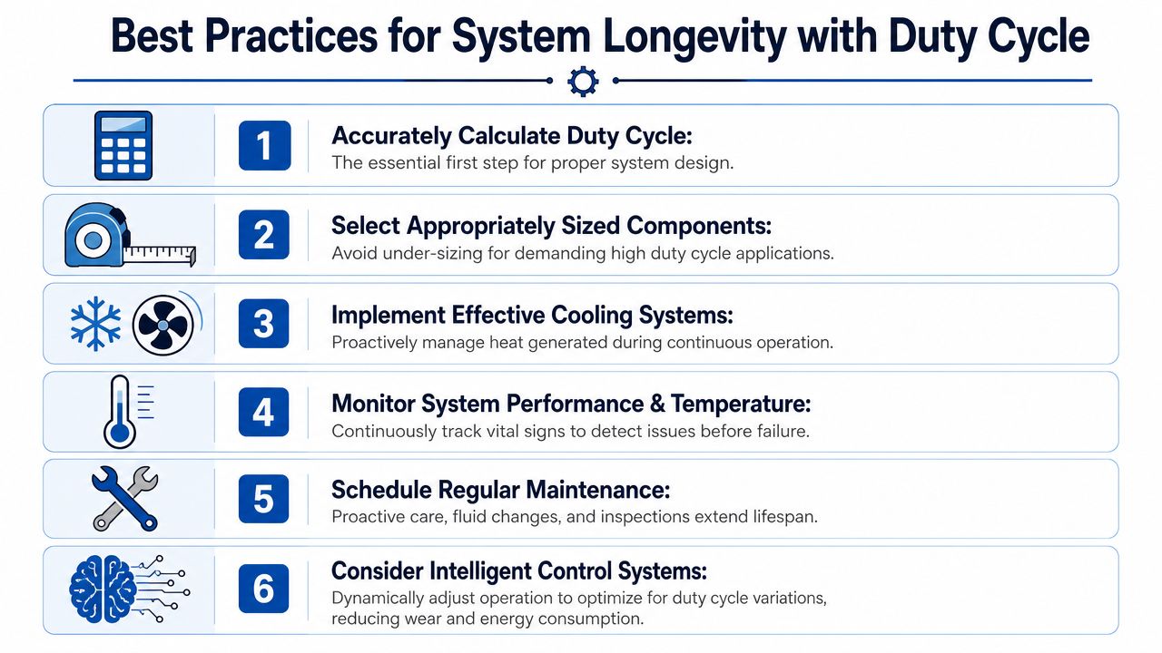 A list of six best practices for maintaining system longevity by managing duty cycle effectively.