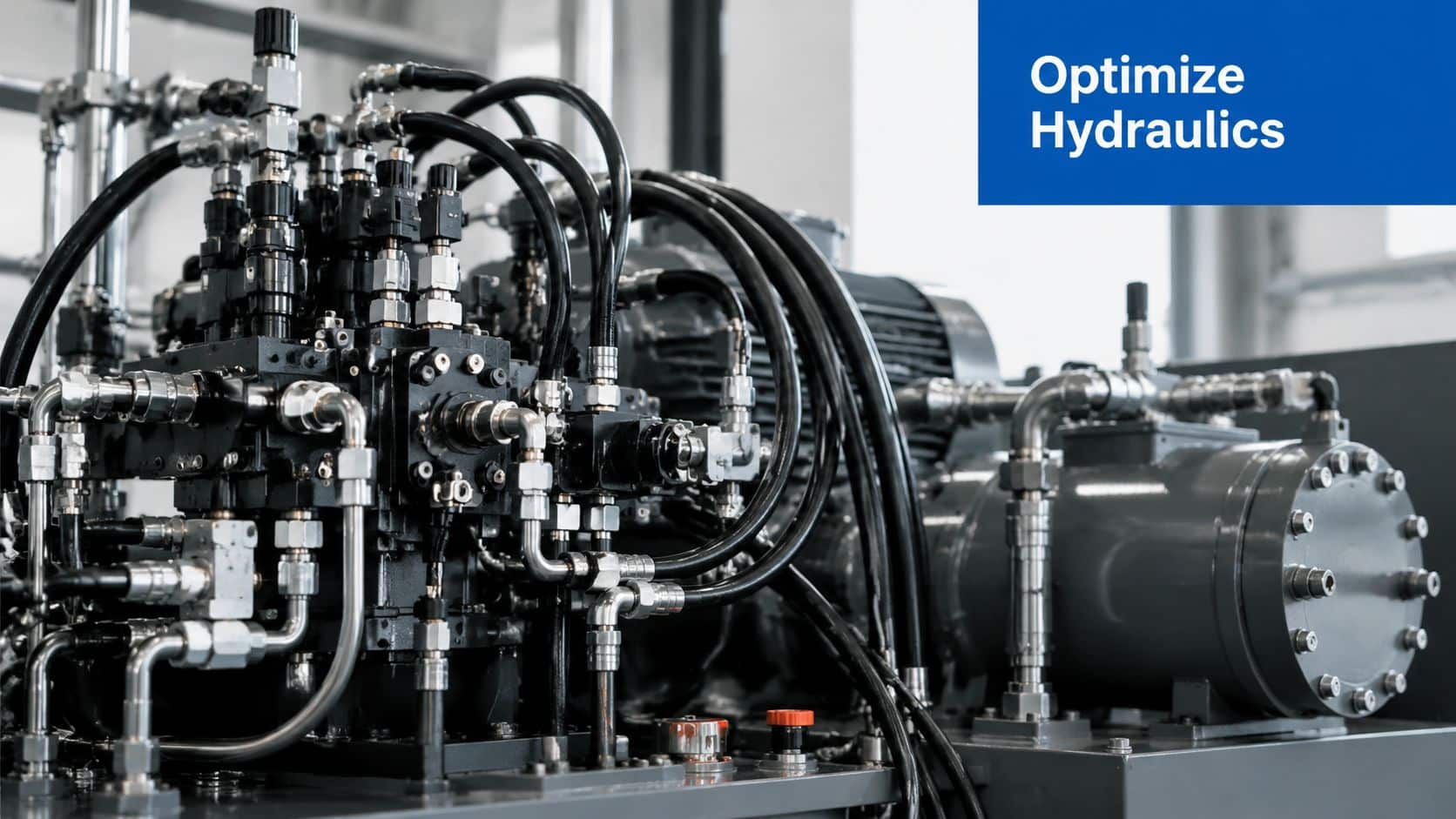 A close-up view of complex industrial hydraulic machinery featuring metal pipes, hoses, and mechanical valves.