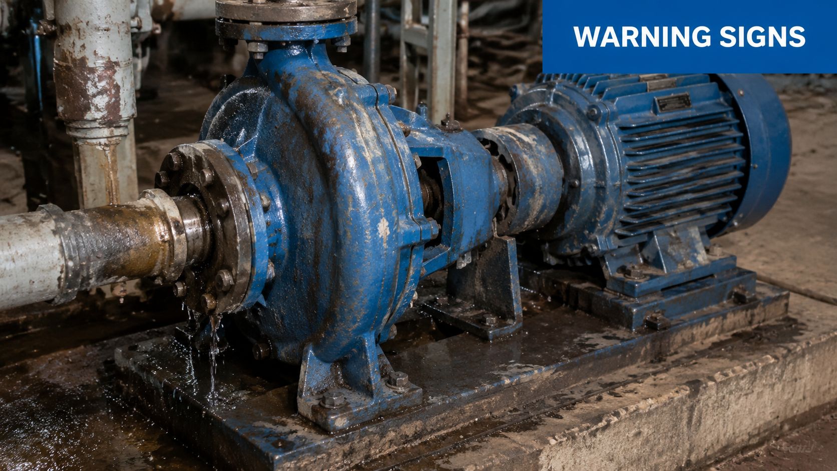 A close-up view of an industrial water pump leaking fluid while connected to an electric motor.