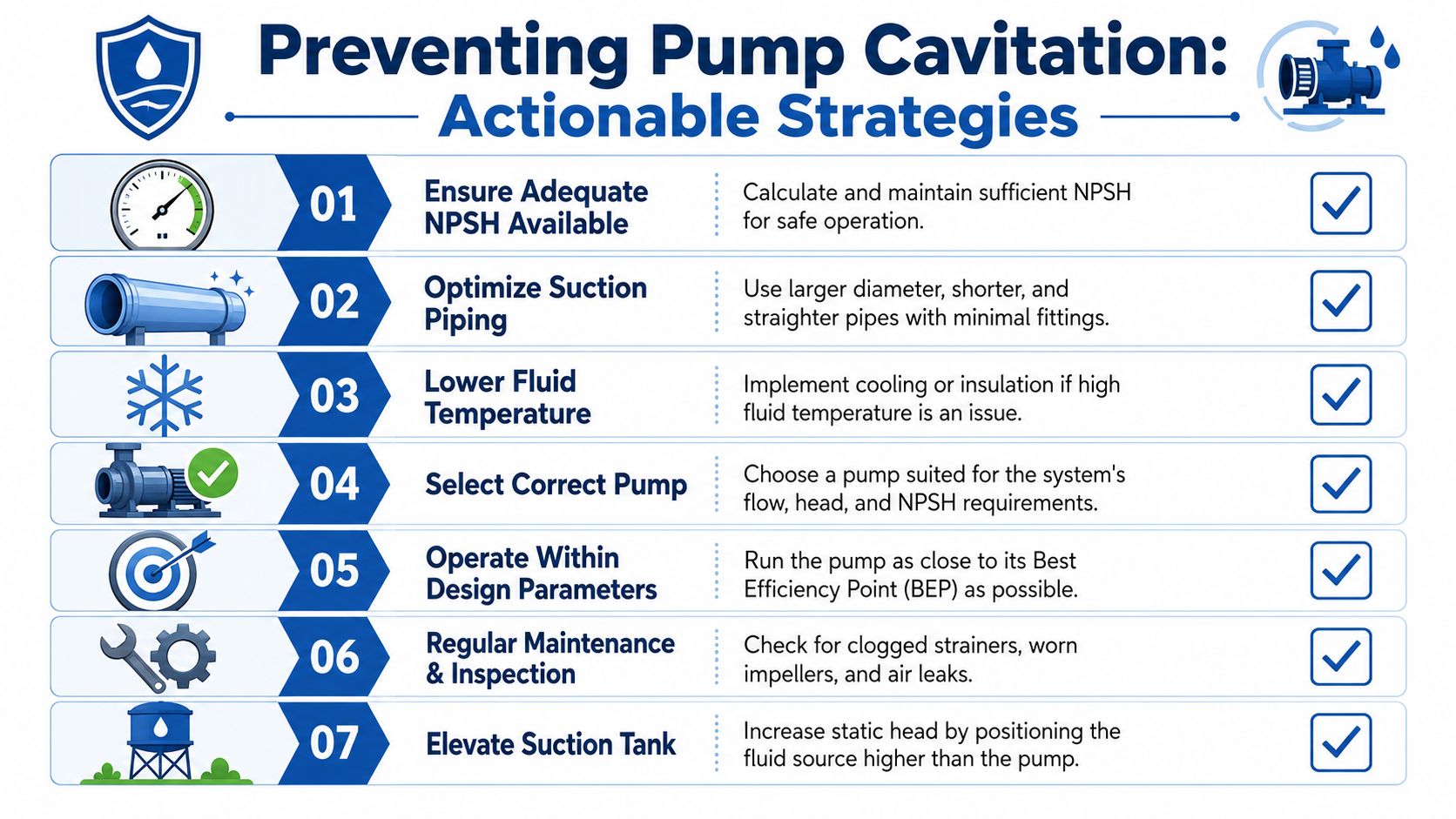 A professional infographic illustrating seven actionable strategies to prevent pump cavitation in industrial pumping systems.