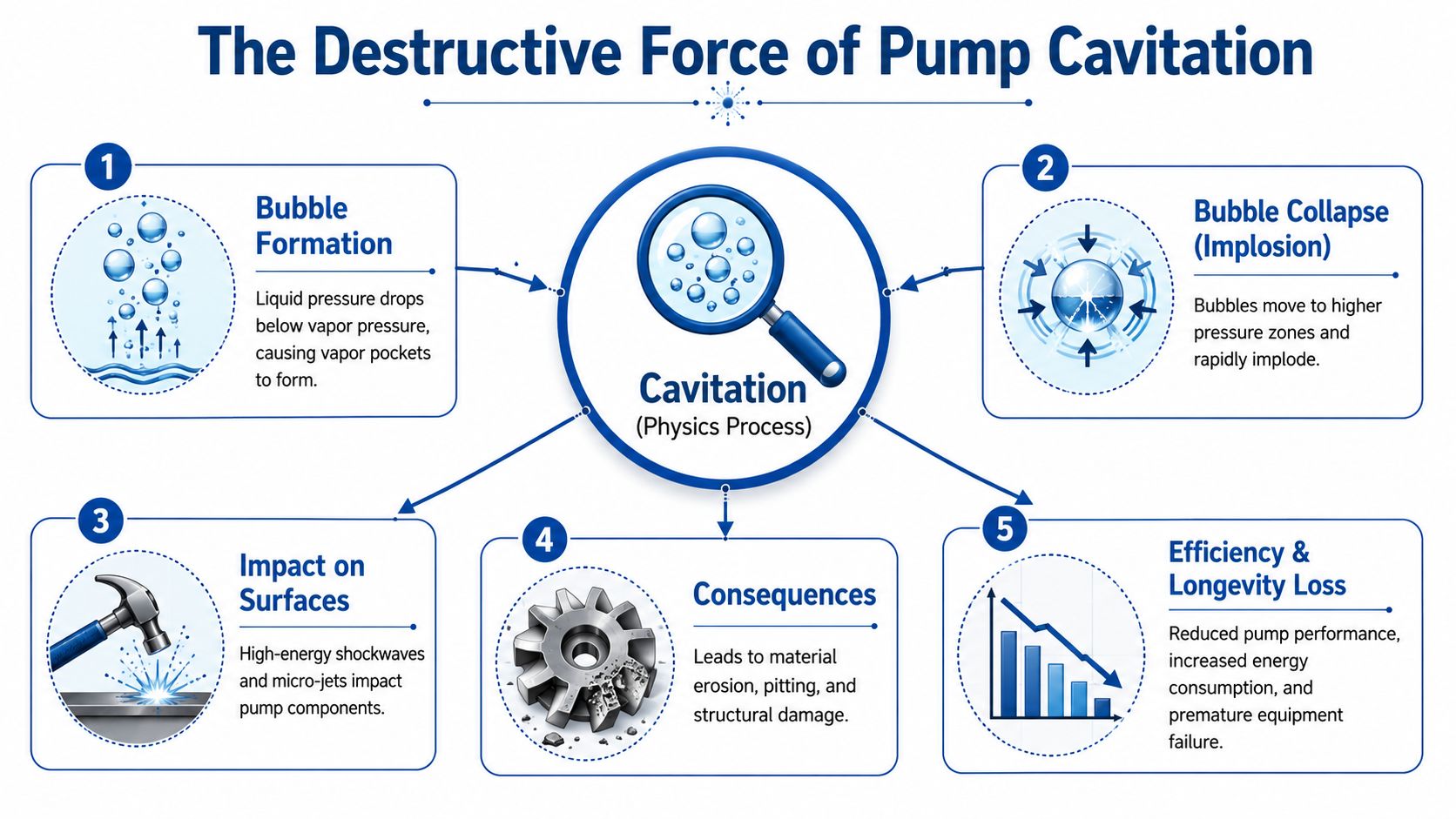 An infographic titled The Destructive Force of Pump Cavitation illustrating the physical process and equipment damage stages.