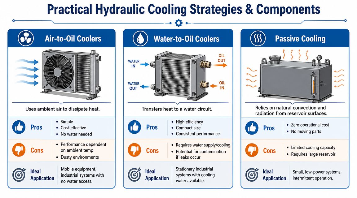 A comparison chart showing three common hydraulic cooling strategies: air-to-oil coolers, water-to-oil coolers, and passive cooling systems.