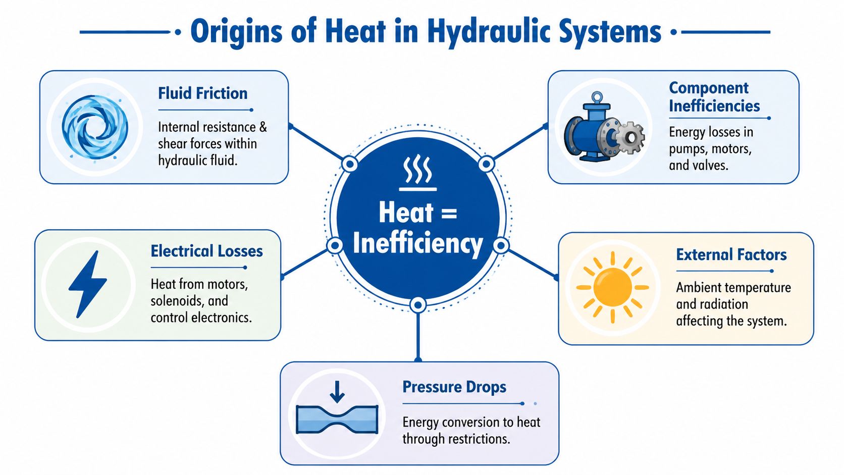 A diagram illustrating the five primary origins of heat in hydraulic systems as a form of energy inefficiency.