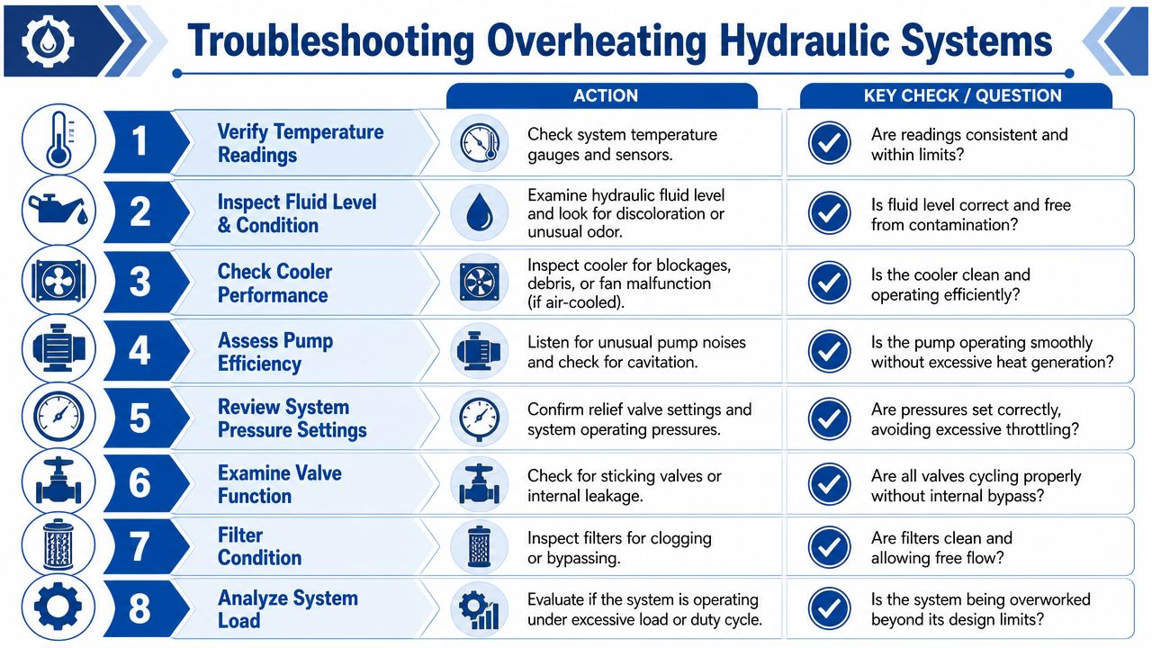 A troubleshooting guide chart showing eight steps to identify and resolve overheating in hydraulic systems.