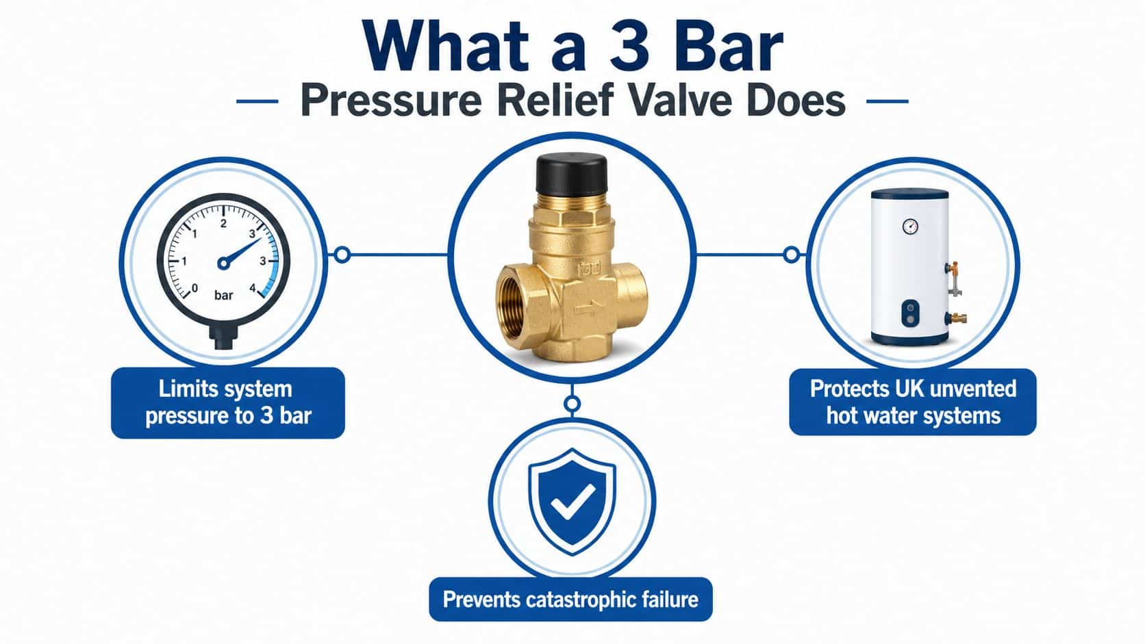 An infographic showing a 3 bar pressure relief valve and its role in protecting unvented hot water systems.