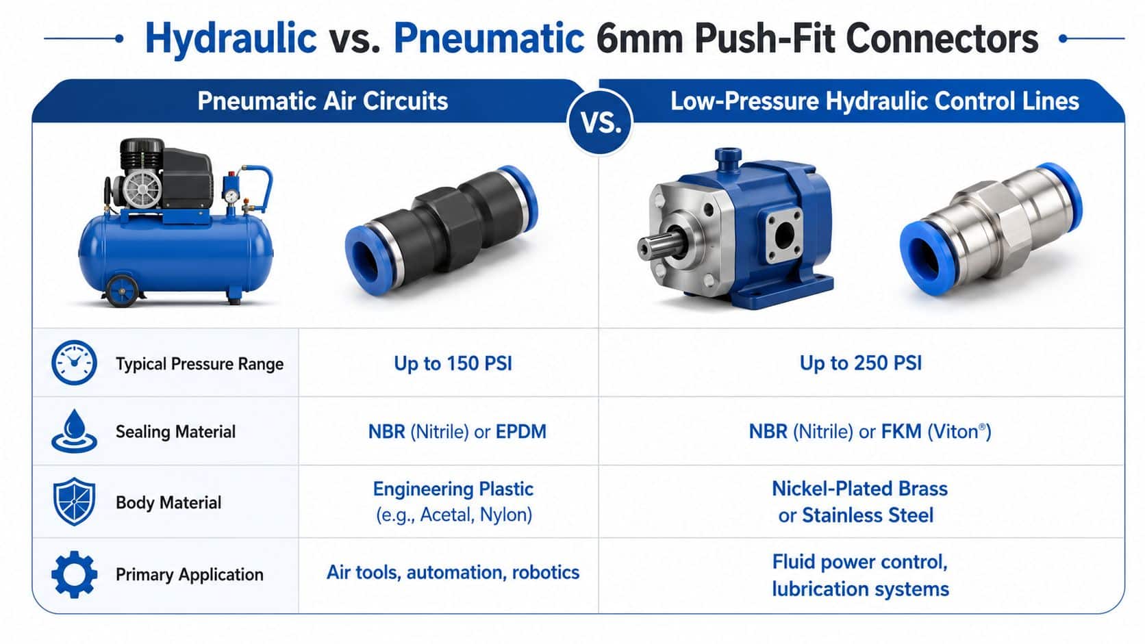 A comparison chart showing differences between pneumatic and hydraulic 6mm push-fit connectors for industrial use.