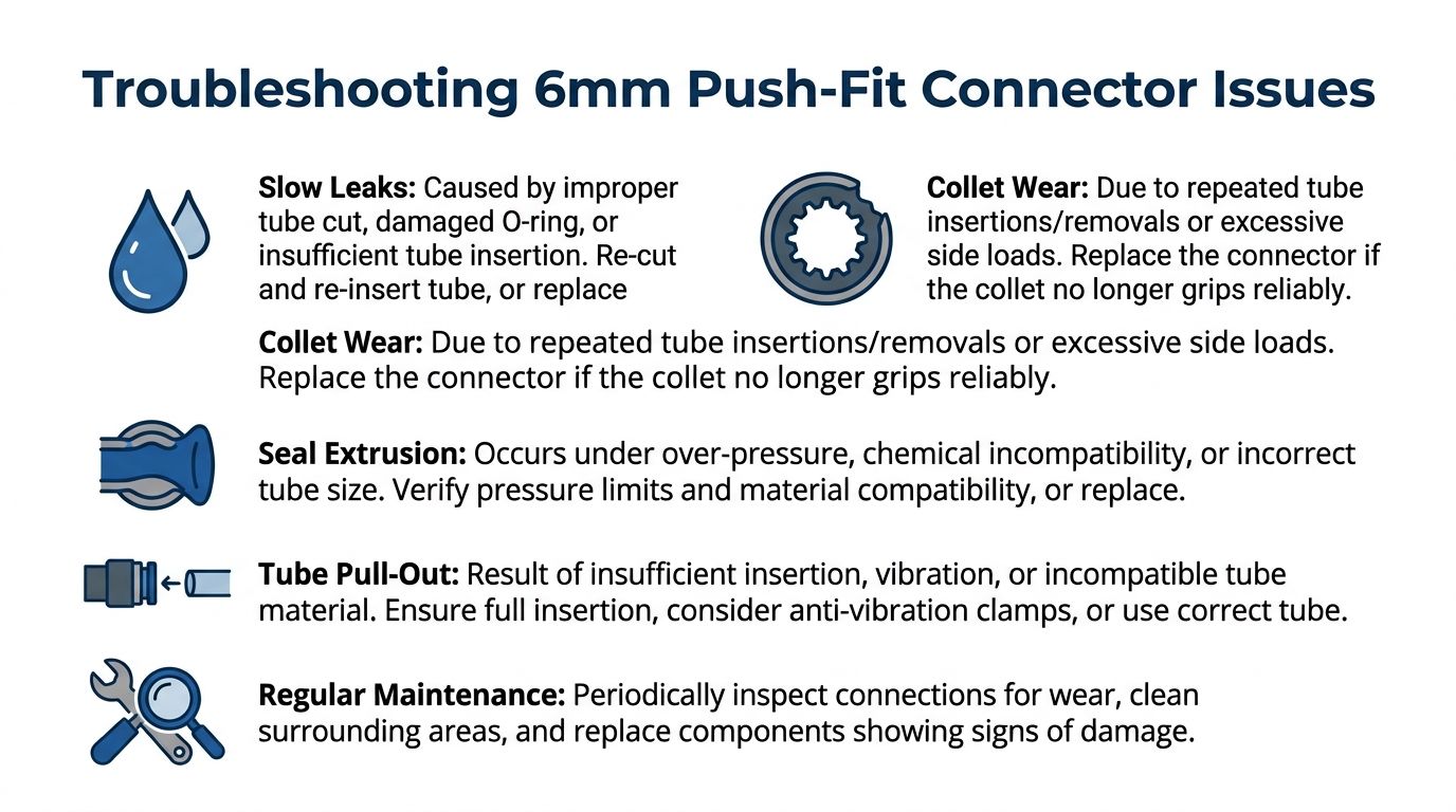 A troubleshooting infographic for 6mm push-fit connectors, highlighting common issues like leaks, wear, and proper maintenance steps.