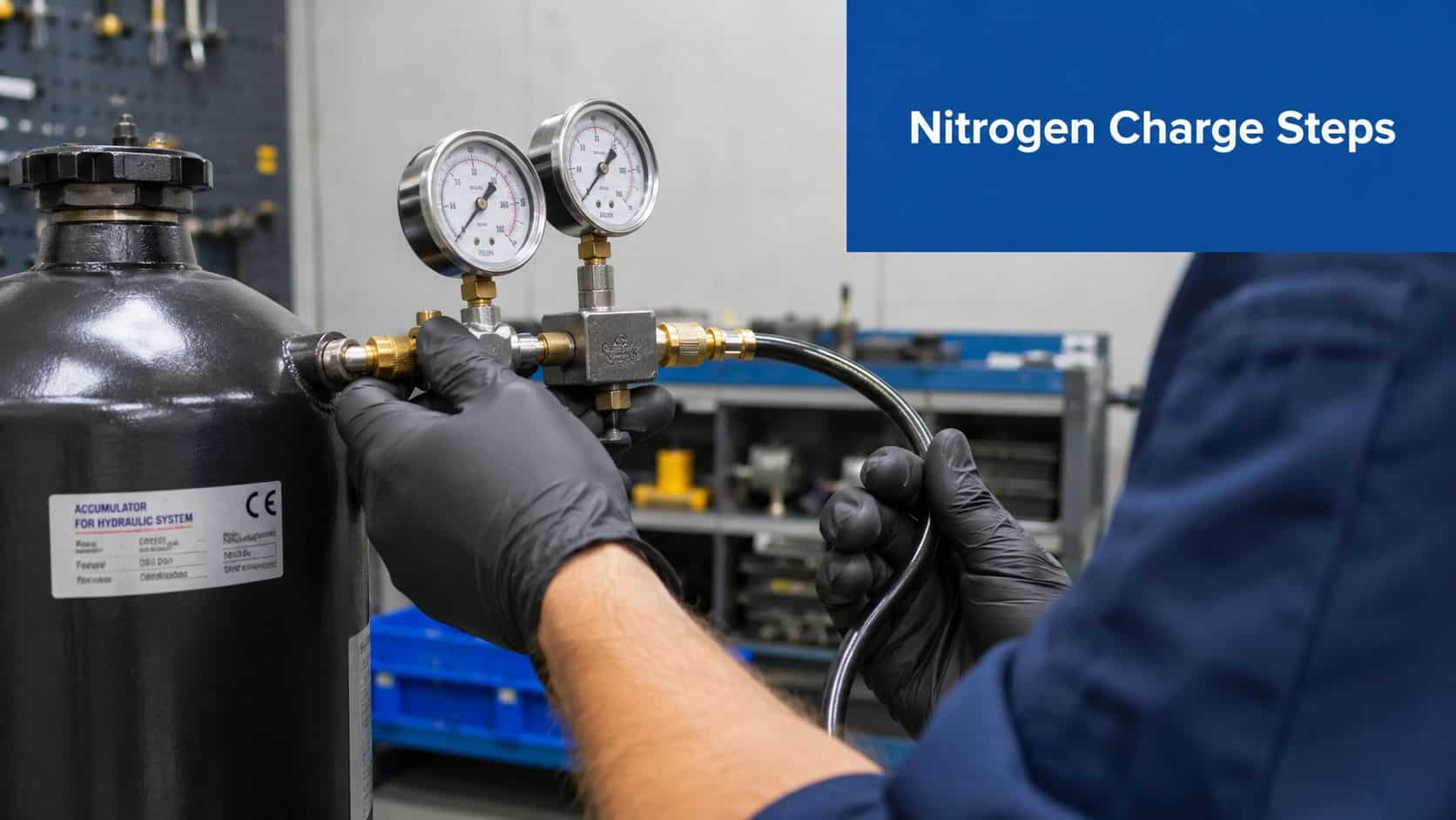 A technician wearing black gloves prepares to charge a hydraulic system accumulator with nitrogen gas.
