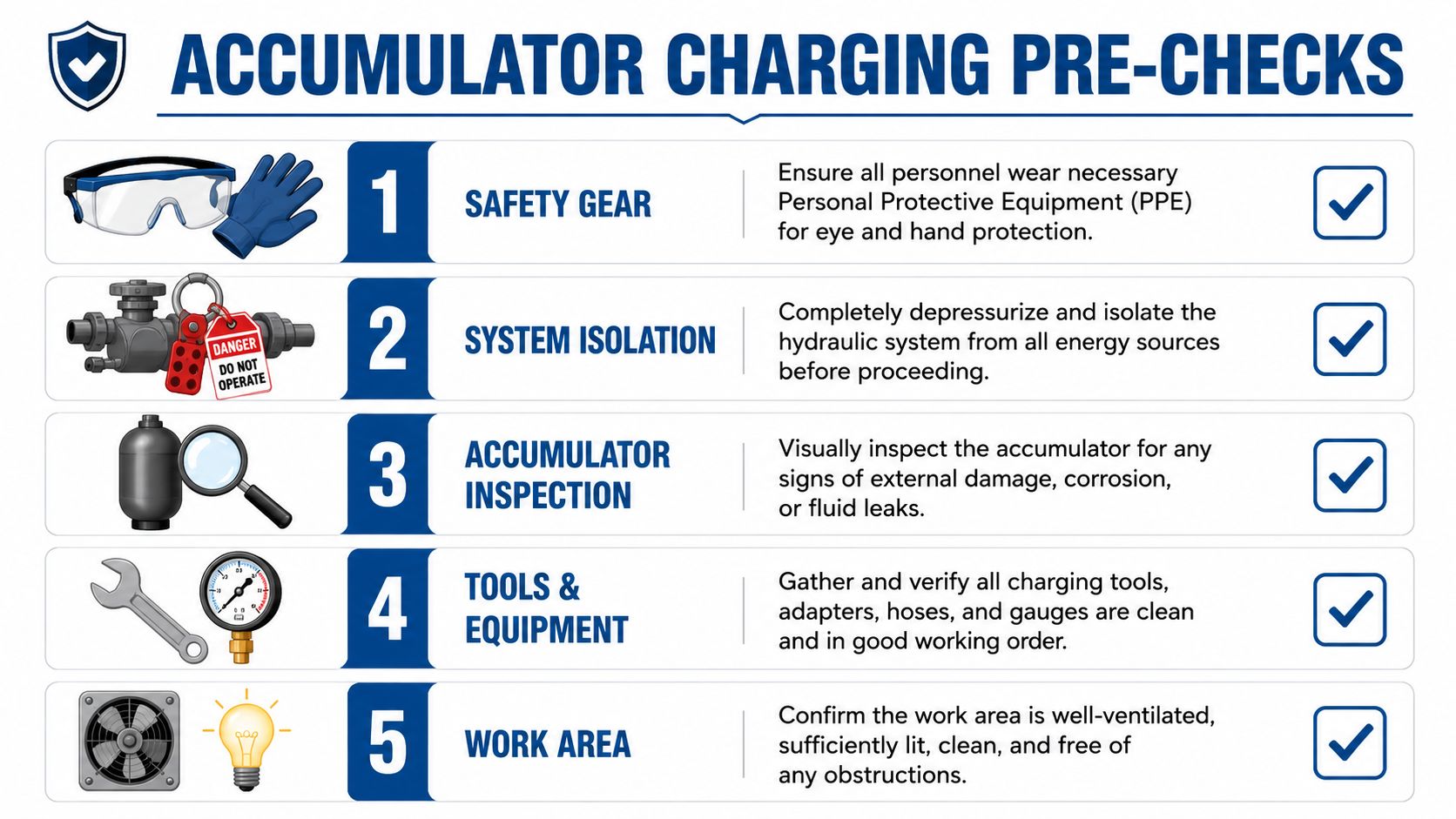 A safety checklist infographic for accumulator charging procedures, outlining five essential steps for maintenance work.