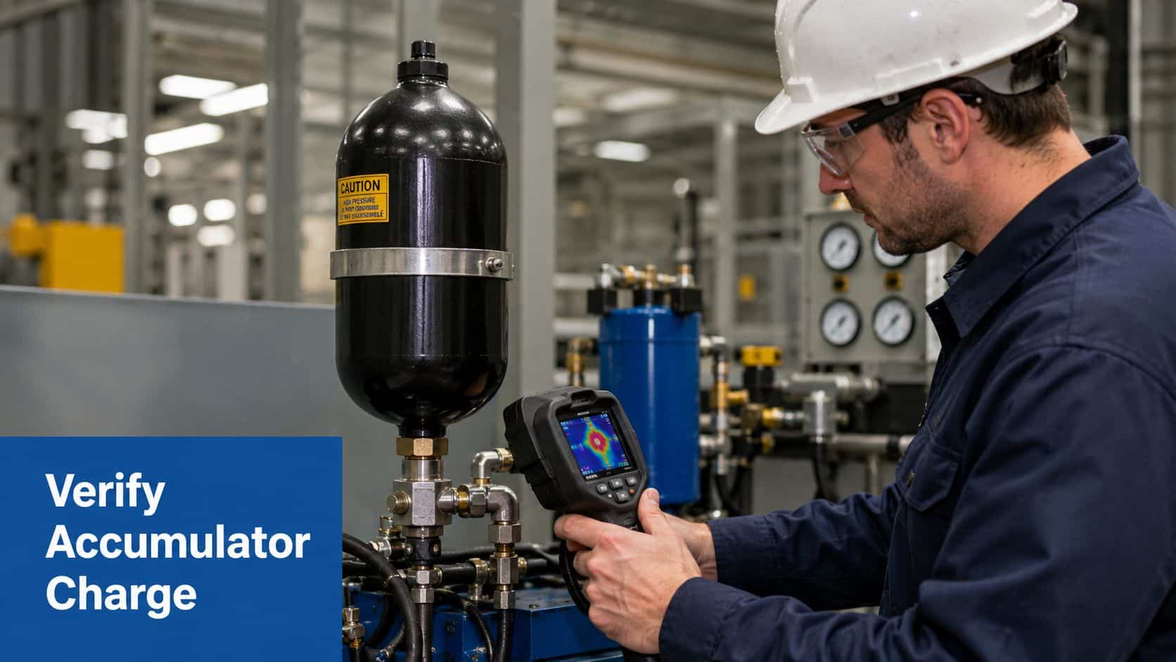 A technician using a thermal imaging camera to verify the charge level of a hydraulic accumulator.