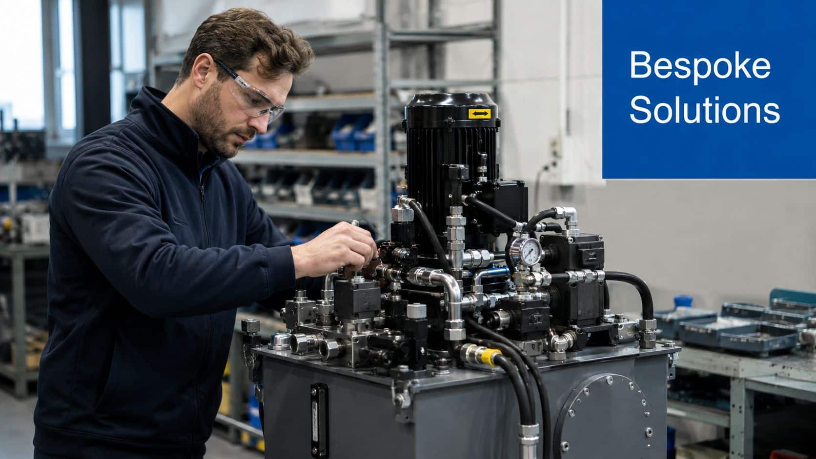 A professional engineer in a workshop performing precision work on a complex hydraulic machinery system.