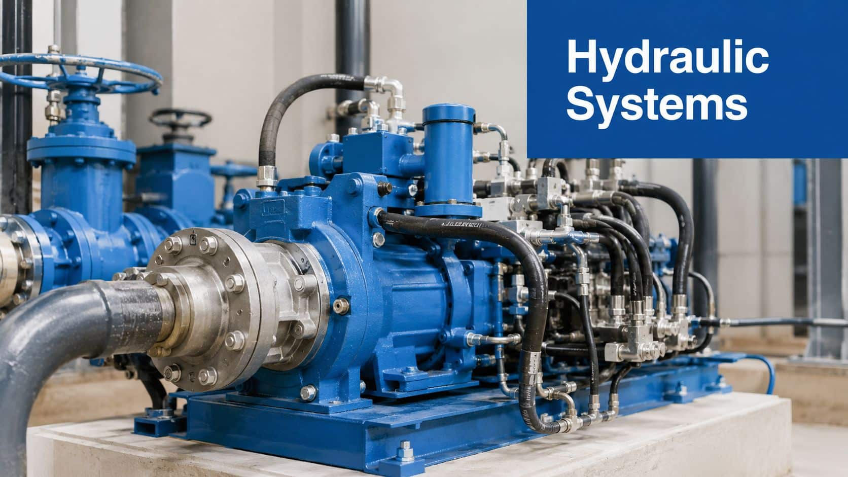 A close-up of a blue industrial hydraulic pump system mounted on a concrete floor inside a factory.