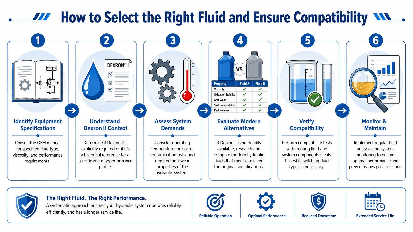 A six-step infographic guide on how to select the right hydraulic fluid and ensure system compatibility.