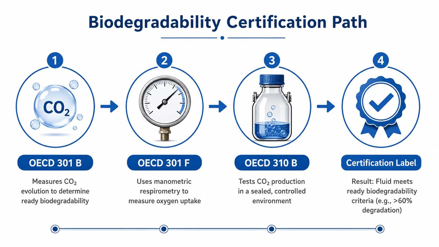 A four-step infographic illustrating the testing and certification process for biodegradable hydraulic fluid standards.