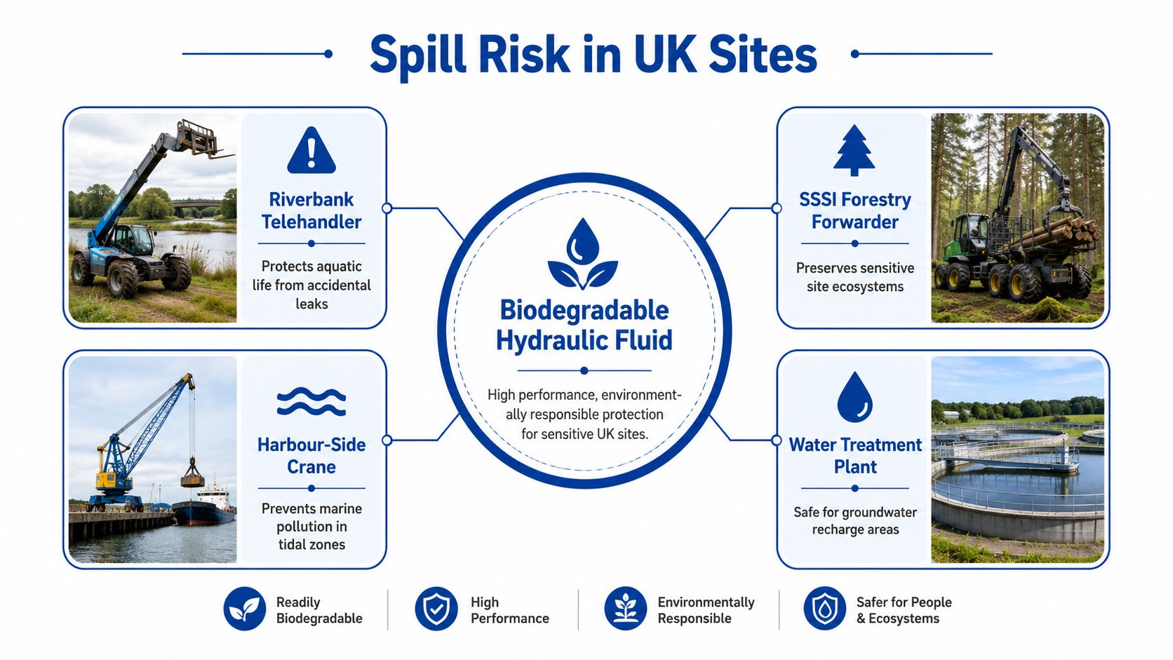 An infographic showing applications of biodegradable hydraulic fluid in sensitive UK environments to prevent accidental pollution.