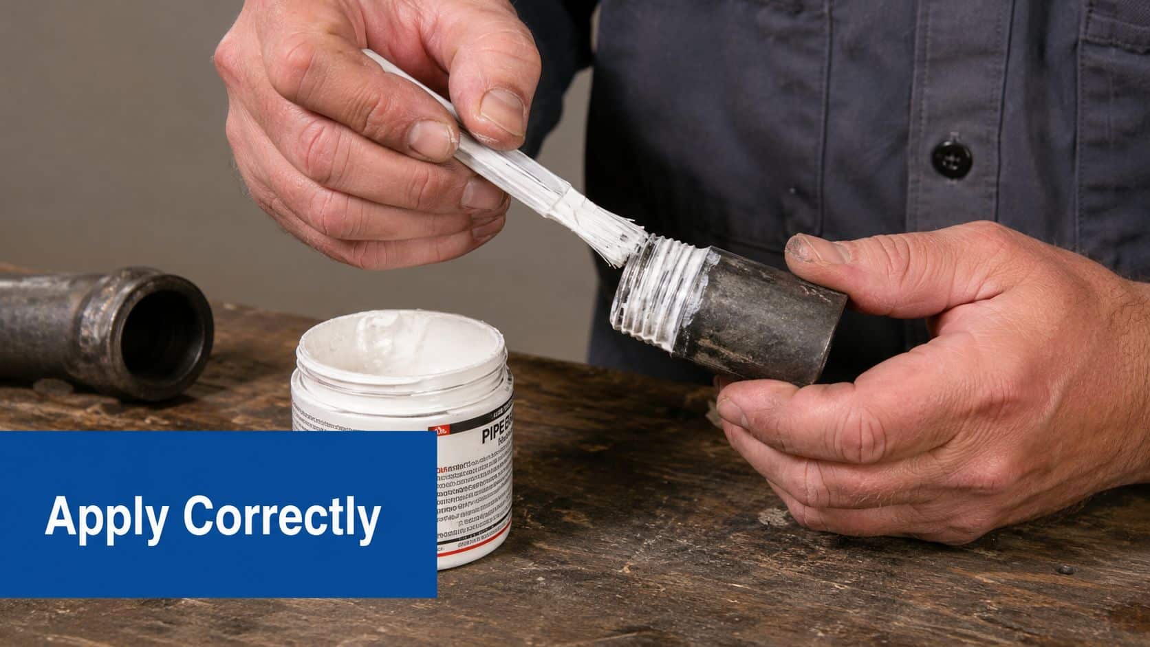 A person using a brush to apply white boss white jointing compound onto a metal pipe thread.