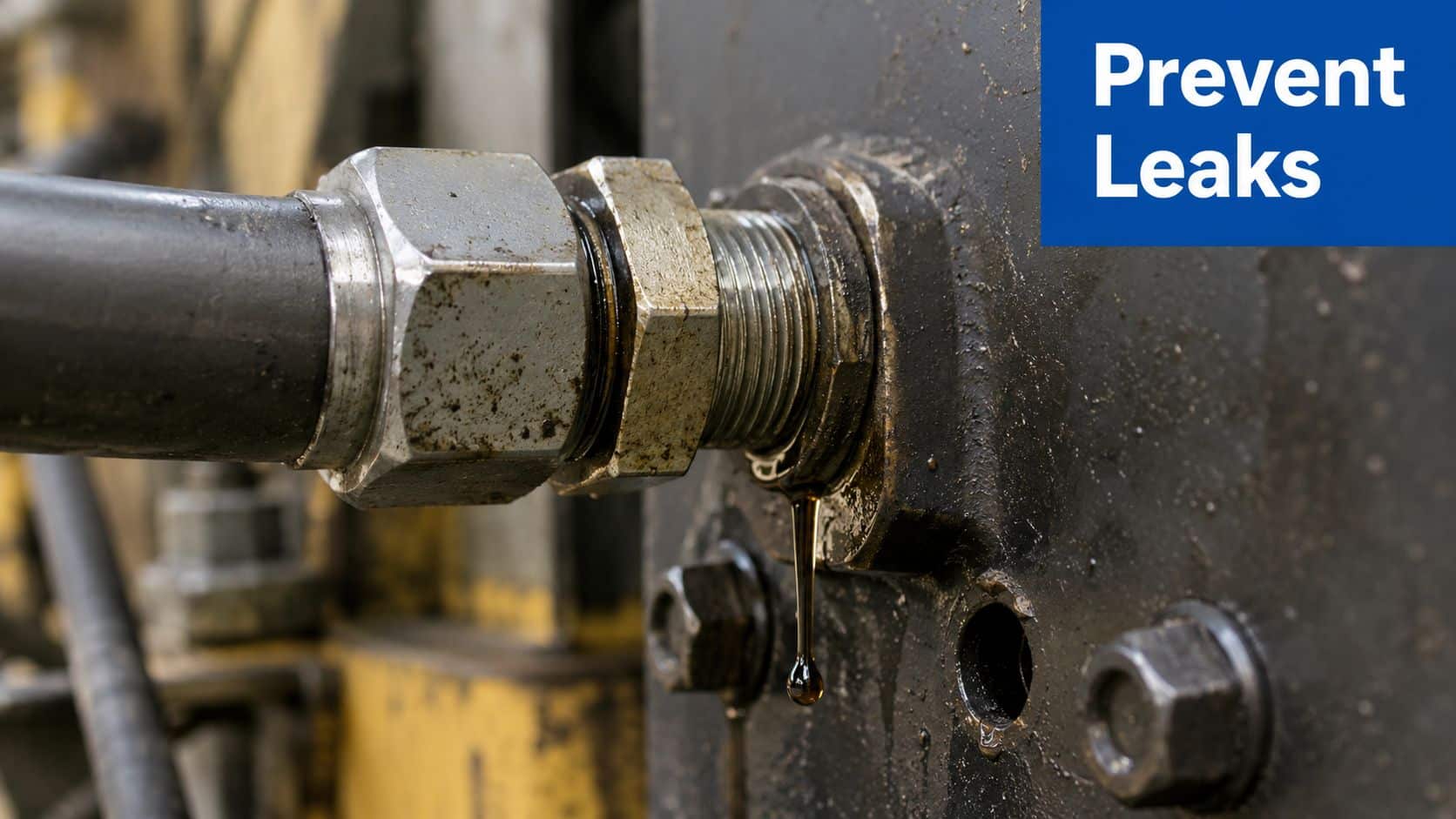 A close-up view of a leaking hydraulic hose connection on industrial heavy machinery with oil dripping down.
