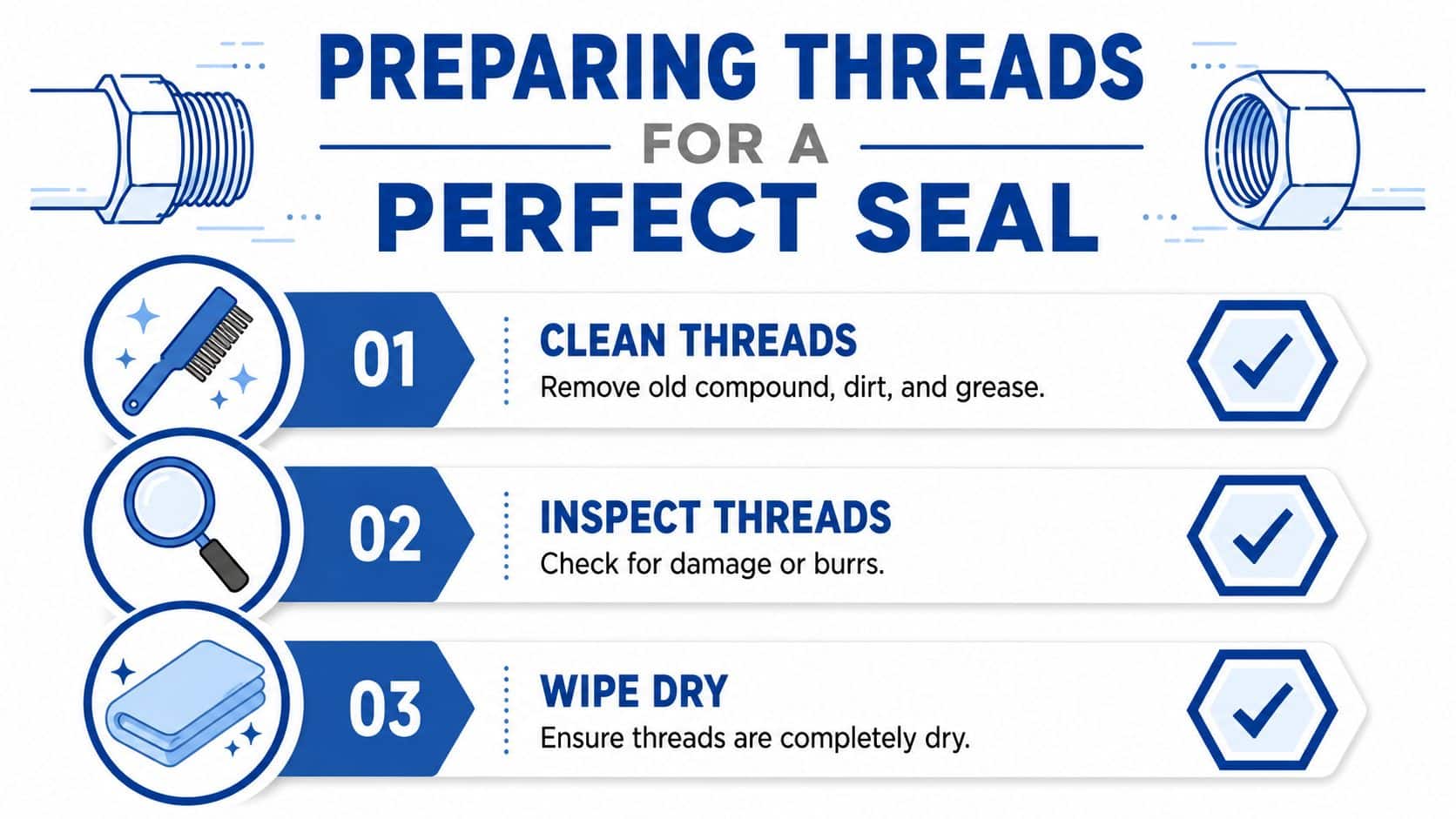 An infographic showing three steps to prepare pipe threads for a perfect seal using jointing compound.