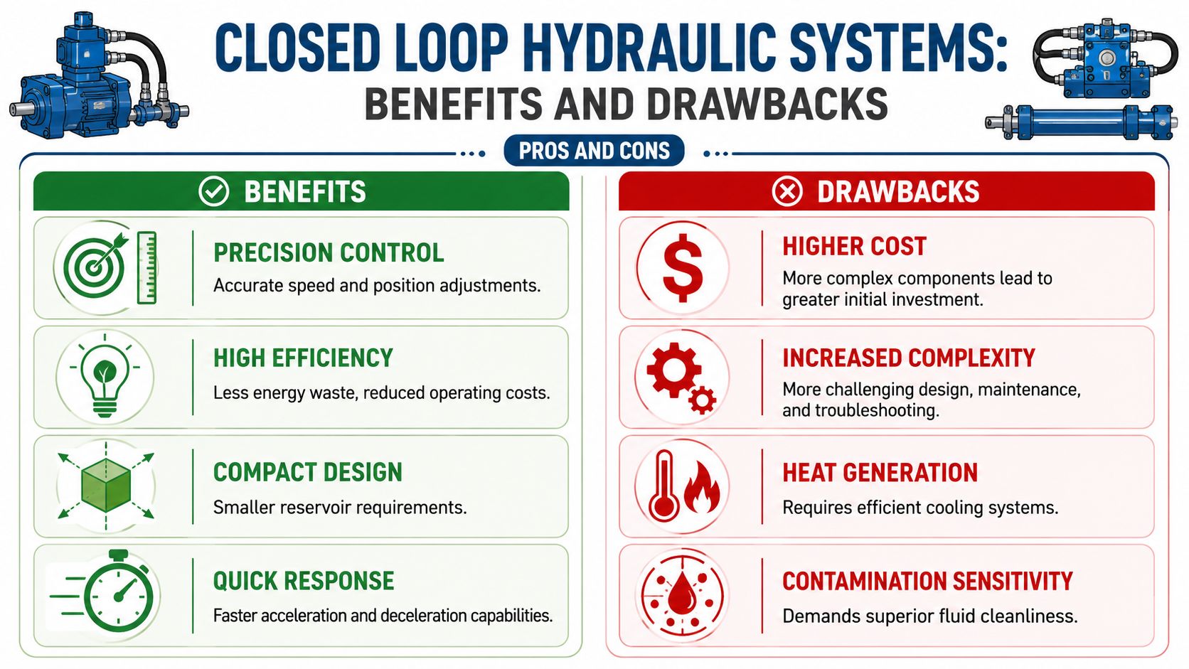 An infographic titled Closed Loop Hydraulic Systems outlining key benefits and drawbacks with corresponding icons.