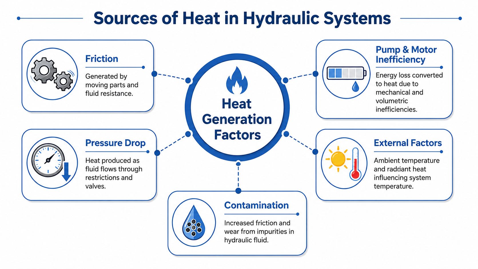 An infographic showing five main sources of heat generation in hydraulic systems, including friction, contamination, and inefficiencies.