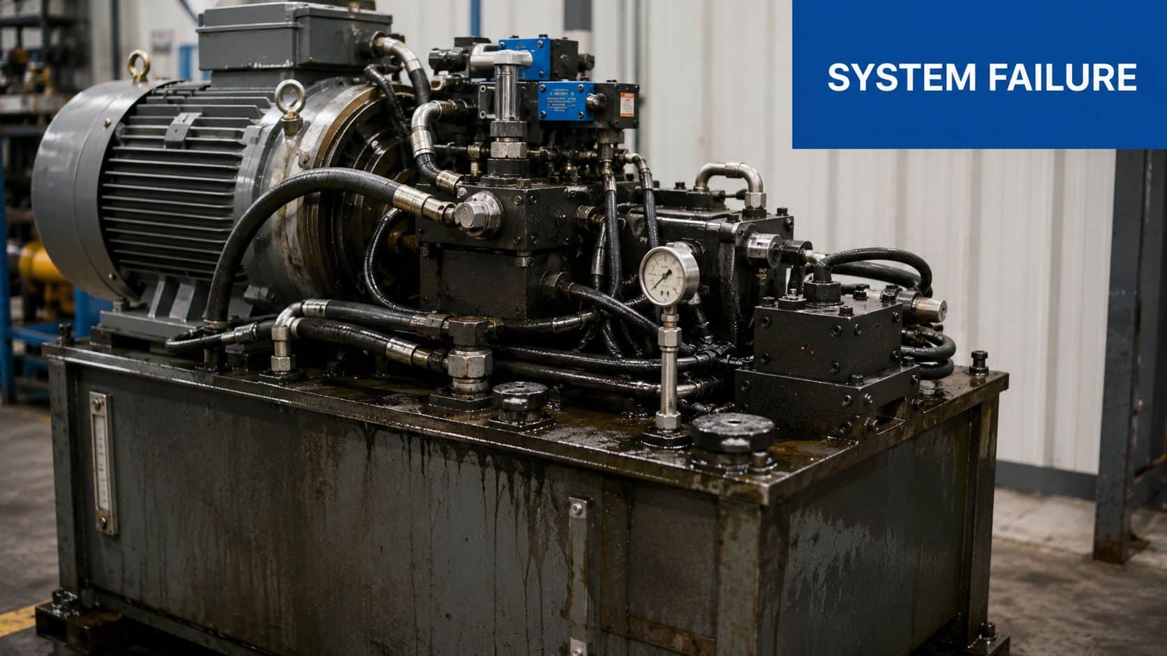 A close up view of an industrial hydraulic power unit showing signs of oil leakage and wear.
