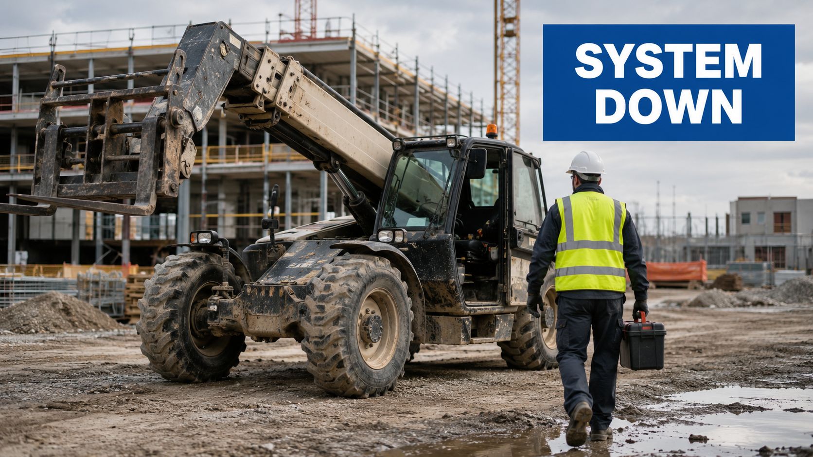 A construction worker carrying a toolkit walks toward a telehandler at an active building site.