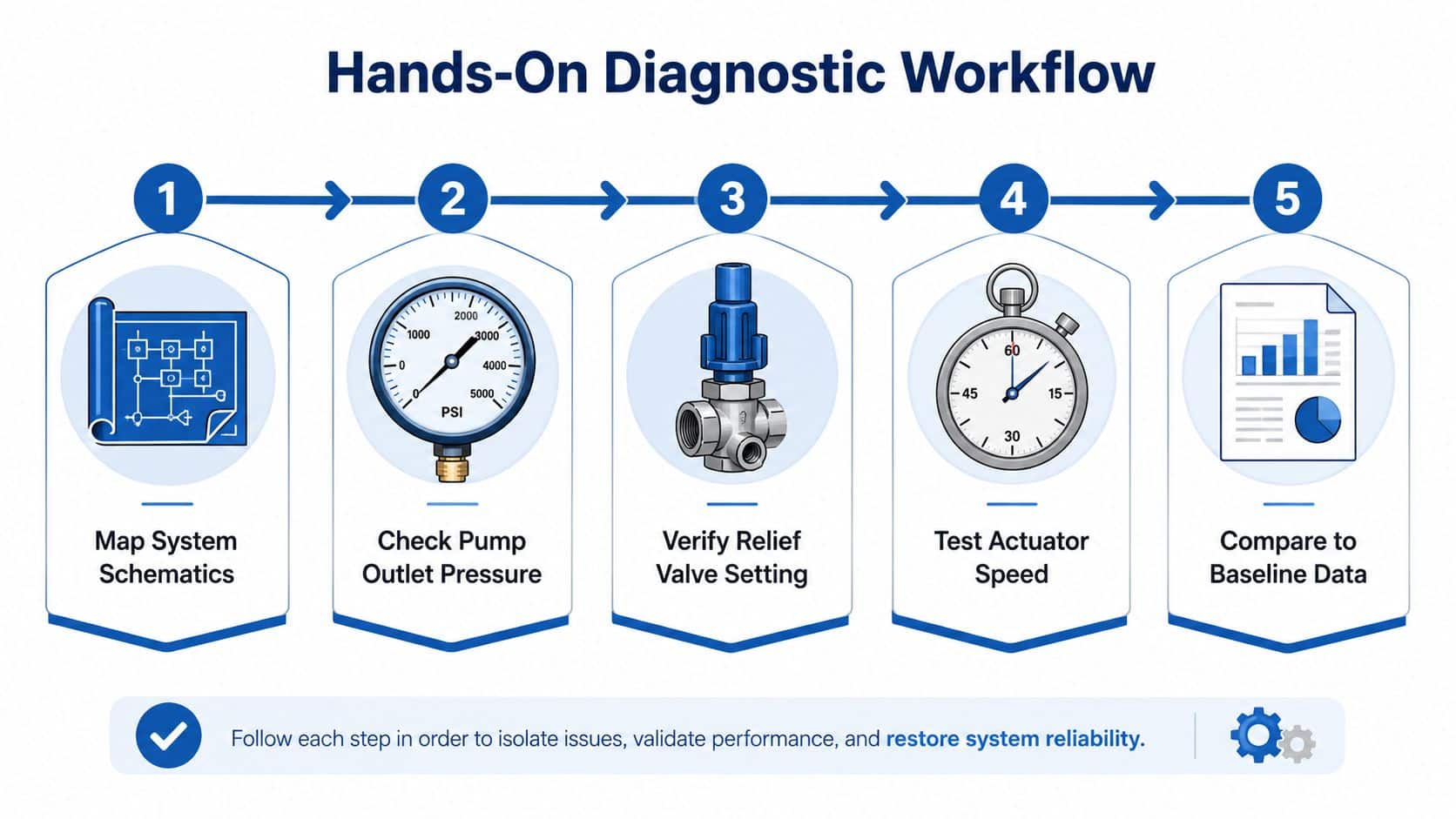 An infographic showing a five-step hands-on diagnostic workflow for technical troubleshooting and system maintenance.