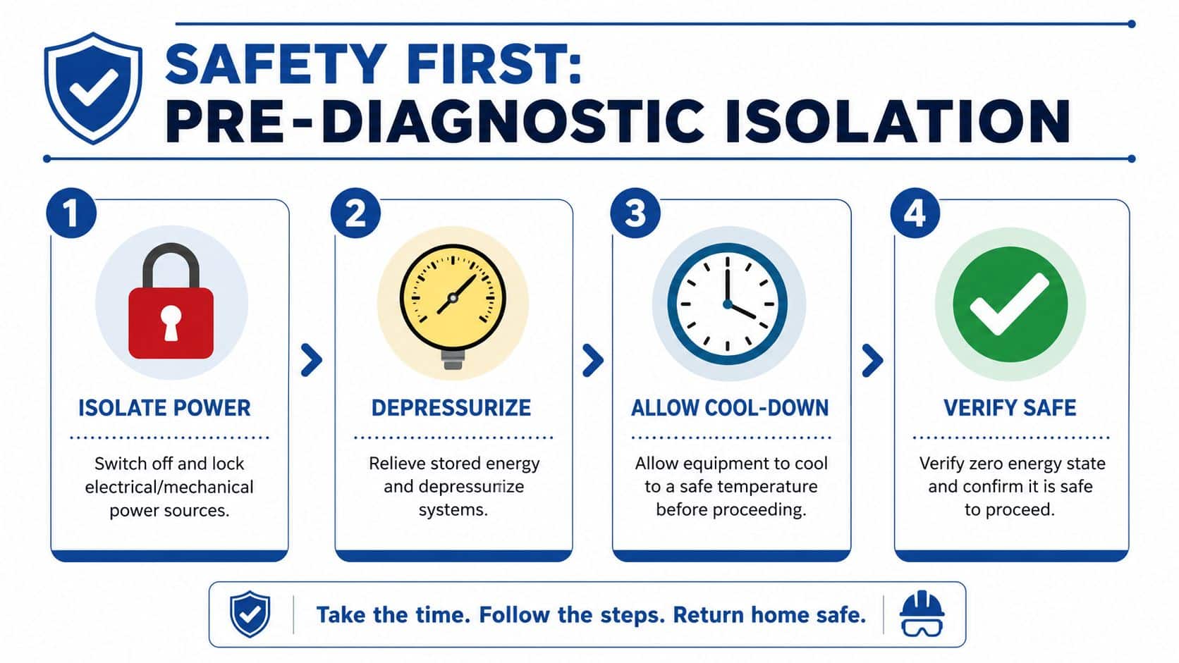 A safety infographic showing four steps for pre-diagnostic isolation including power isolation, depressurization, cool-down, and verification.
