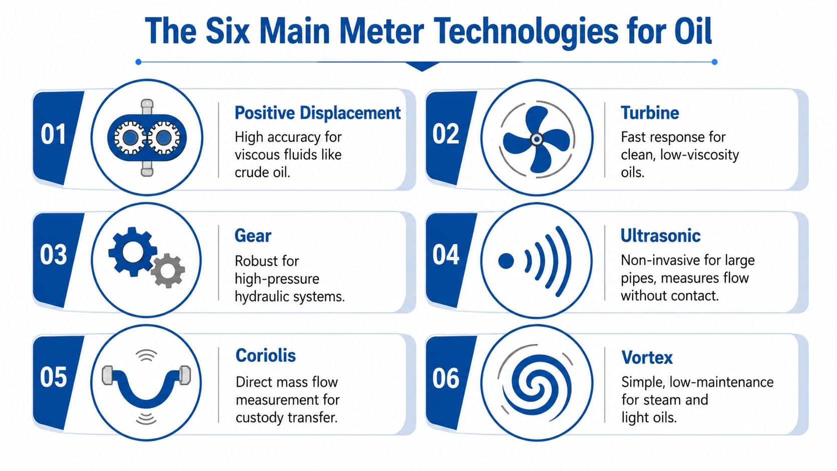An infographic titled The Six Main Meter Technologies for Oil displaying six different flow measurement methods with icons.