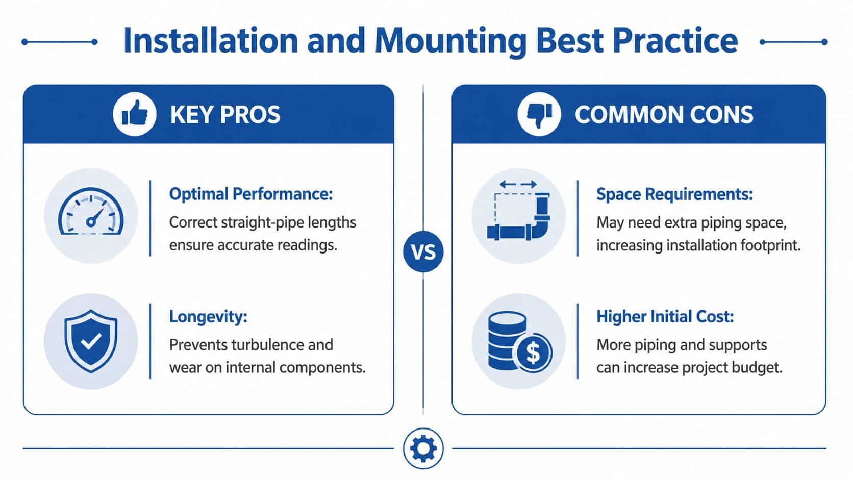 A comparison chart showing the pros and cons of proper installation and mounting for industrial piping equipment.