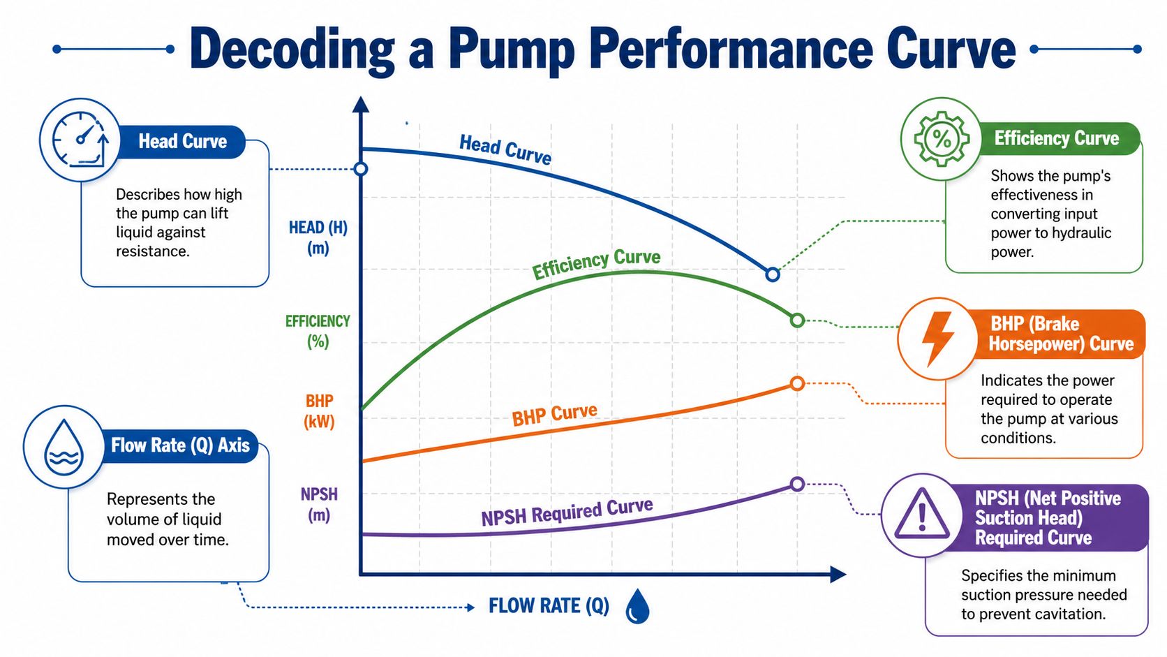 A diagram explaining the different components and curves found on a typical pump performance chart.