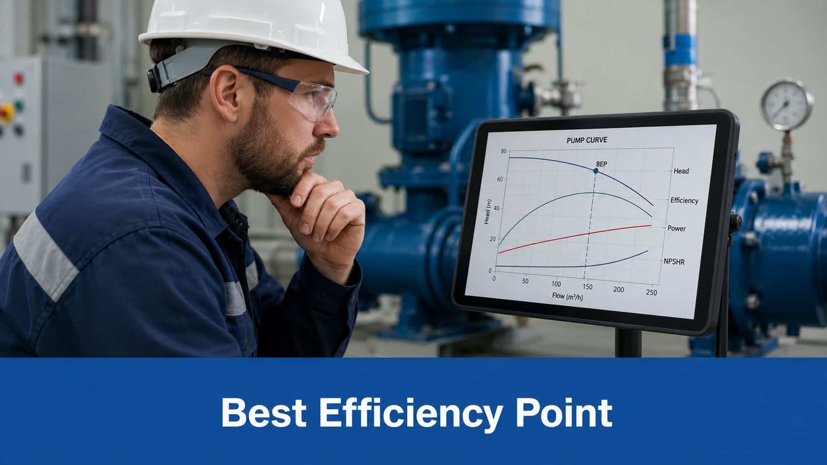 A technician wearing a hard hat examines a tablet displaying a pump performance curve with marked efficiency.