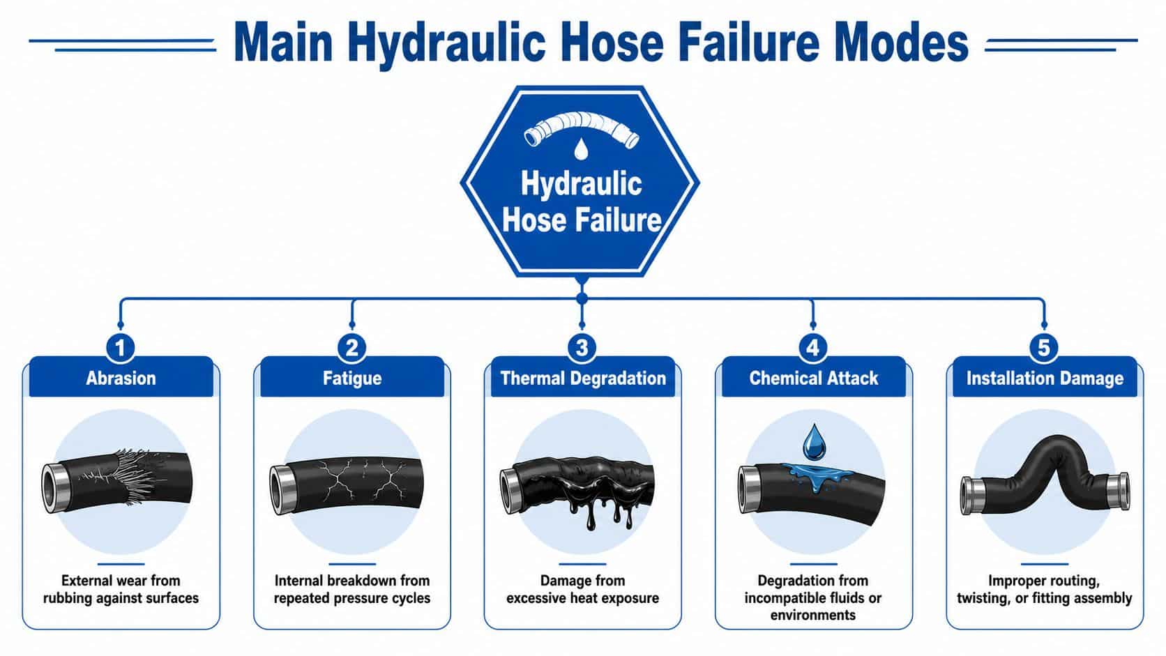 A diagram illustrating five main causes of hydraulic hose failure: abrasion, fatigue, thermal degradation, chemical attack, and installation damage.