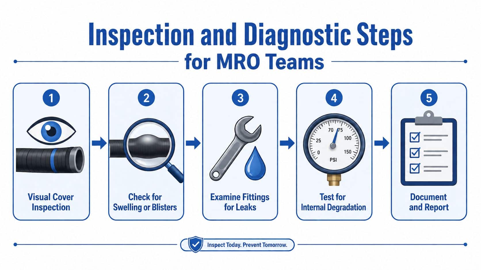 A step-by-step infographic illustrating five professional inspection and diagnostic procedures for industrial hydraulic hose maintenance.