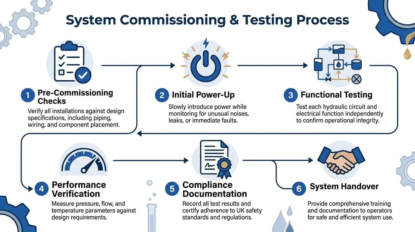 A flow chart illustrating the six-step process for system commissioning and testing in industrial engineering projects.