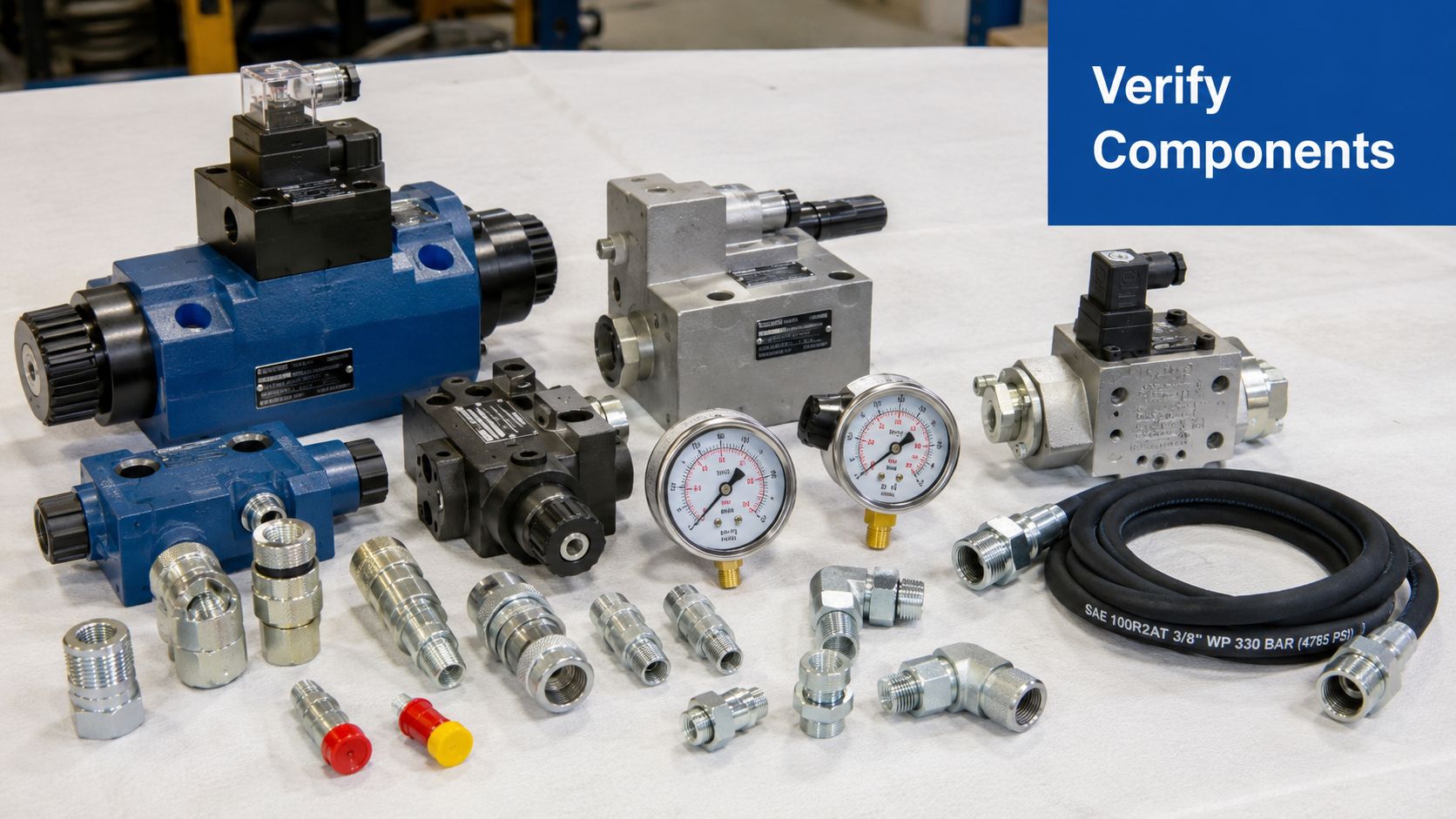 An assortment of hydraulic components including valves, pressure gauges, and hose fittings arranged on a table.